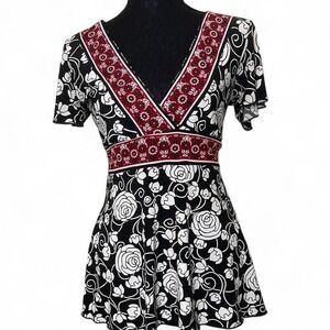 y2k black and white babydoll top with red accents and waist ties